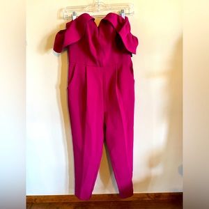 NWT Express Purple Jumpsuit sweetheart neckline off-the-shoulder sleeves Size 6